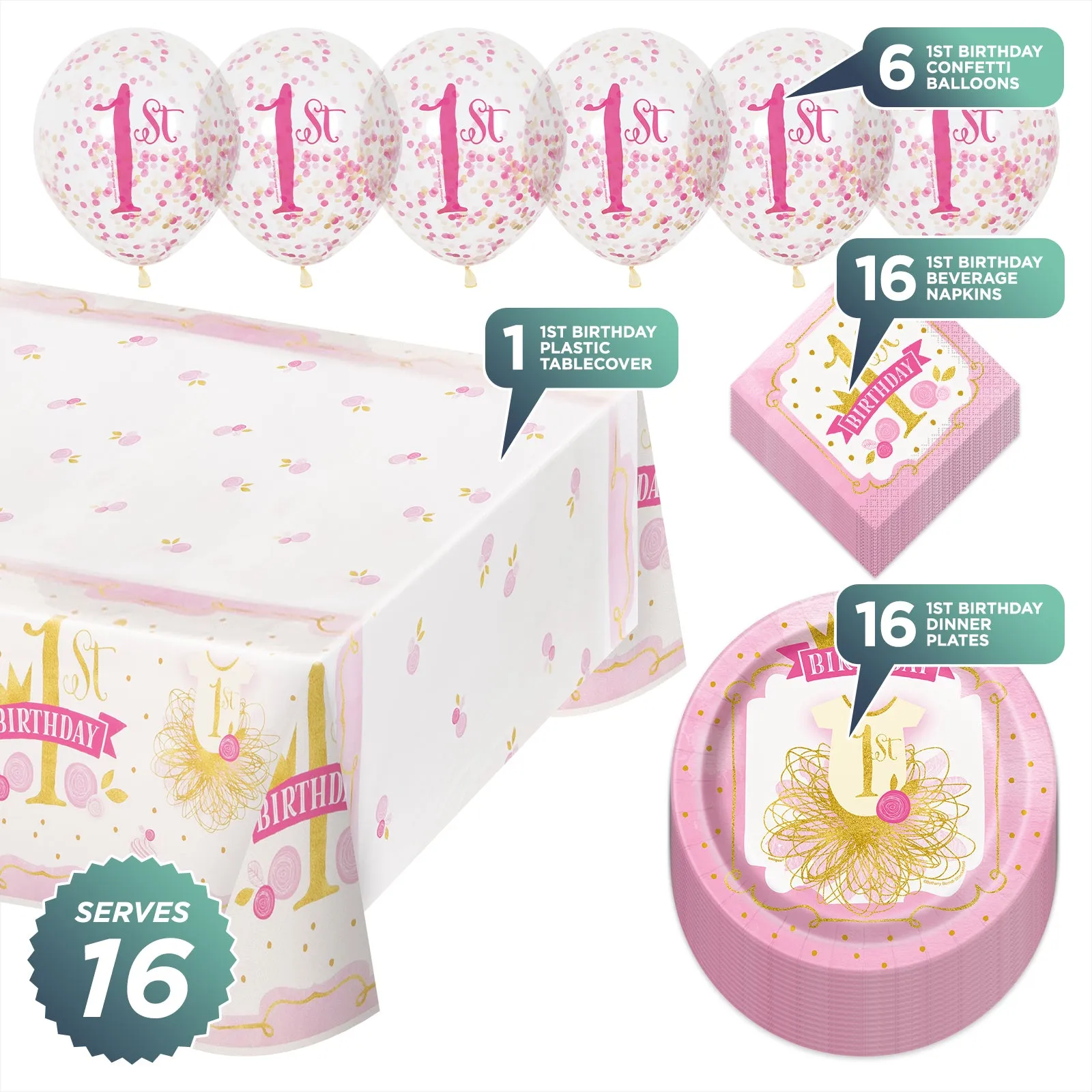 1st Birthday Girl Pink & Gold Princess Party Pack - Paper Plates, Napkins(Serves 16)