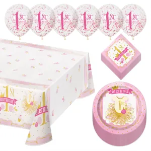 1st Birthday Girl Pink & Gold Princess Party Pack - Paper Plates, Napkins(Serves 16)