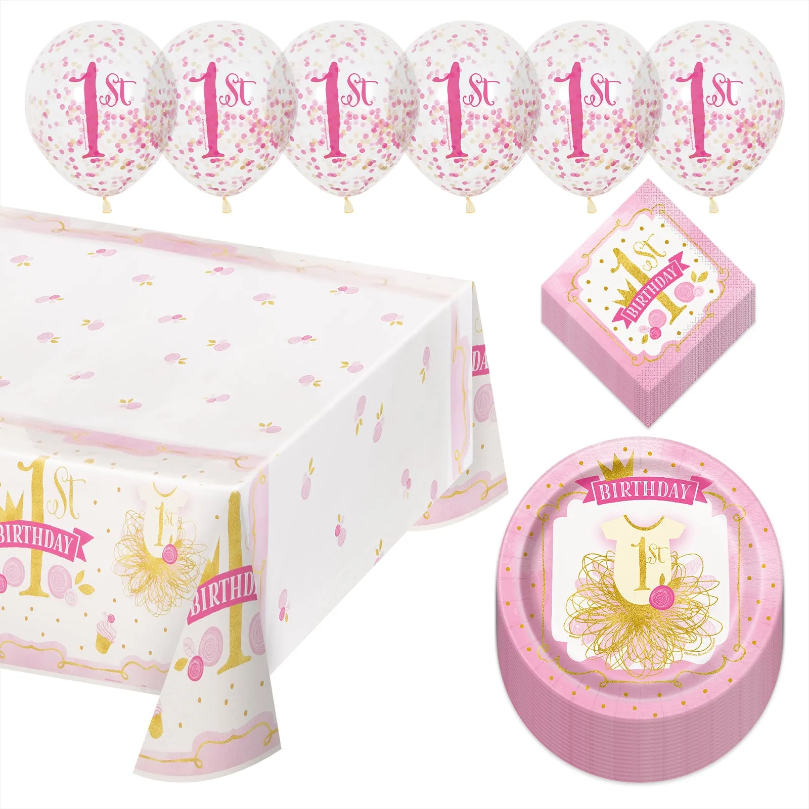 1st Birthday Girl Pink & Gold Princess Party Pack - Paper Plates, Napkins(Serves 16)