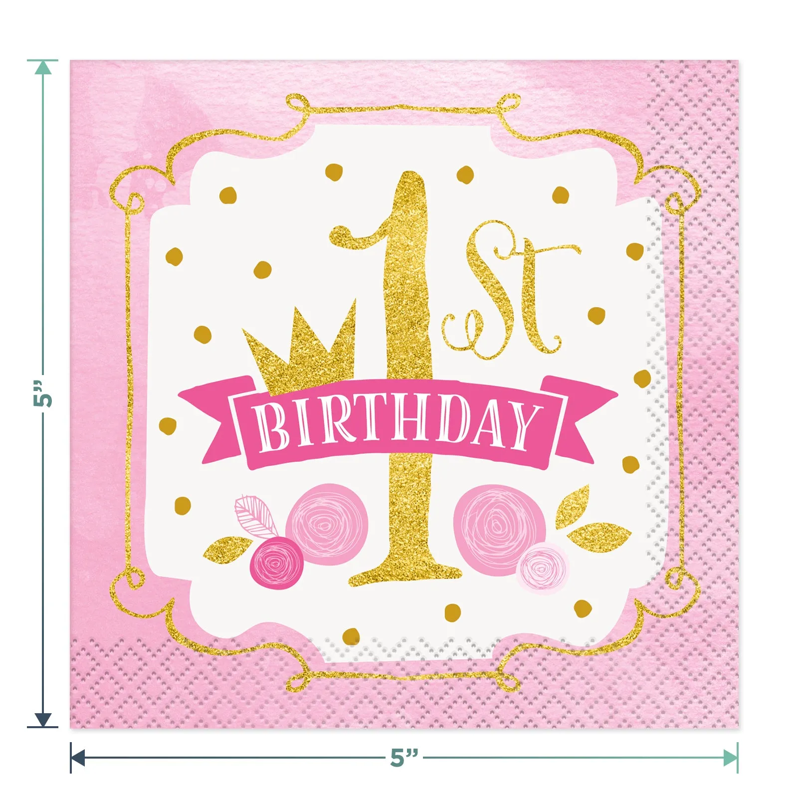 1st Birthday Girl Pink & Gold Princess Party Pack - Paper Plates, Napkins(Serves 16)
