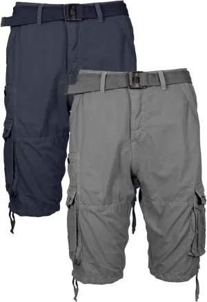 2 Pack Men's Distressed Cotton Cargo Belted Shorts (Size 30-42)