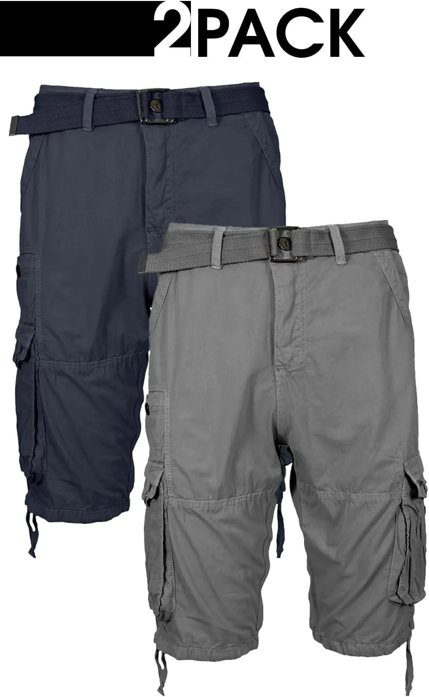 2 Pack Men's Distressed Cotton Cargo Belted Shorts (Size 30-42)