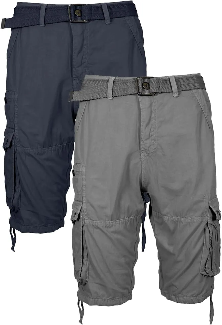 2 Pack Men's Distressed Cotton Cargo Belted Shorts (Size 30-42)
