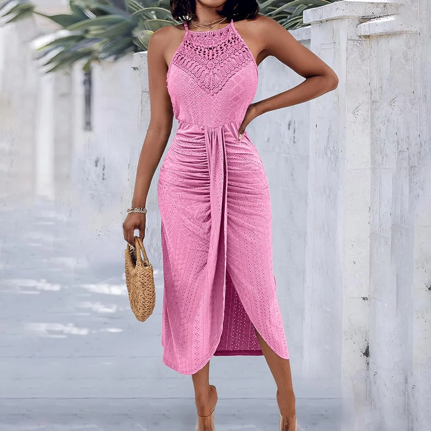2025 Womens Halter Tie Back Dresses Summer Sleeveless Slit Front Pleated Eyelet Trendy Lace Bodycon Ruched Midi Sundress