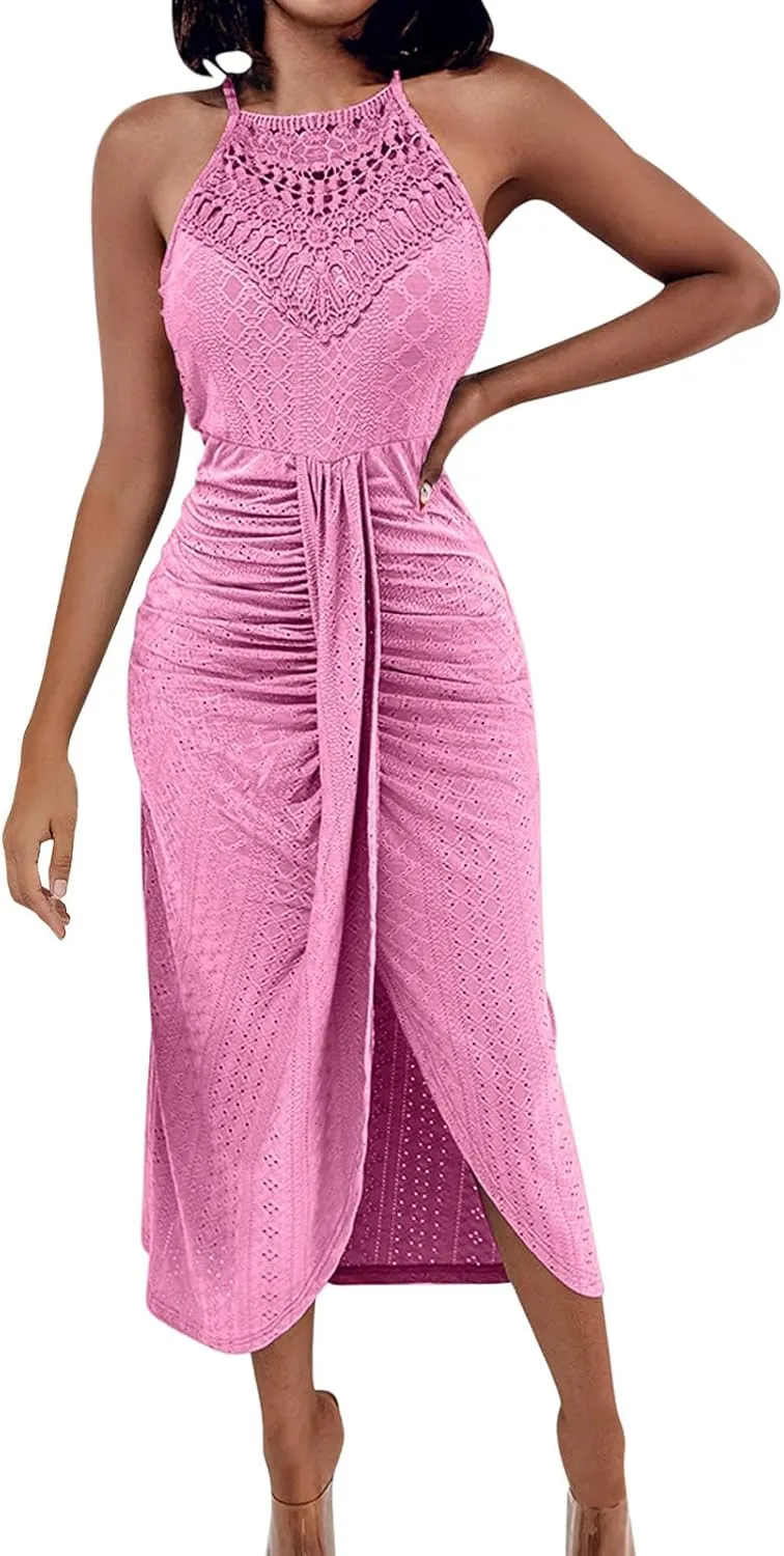2025 Womens Halter Tie Back Dresses Summer Sleeveless Slit Front Pleated Eyelet Trendy Lace Bodycon Ruched Midi Sundress