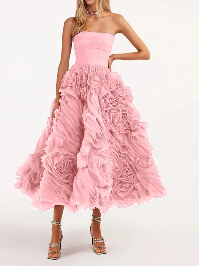 A-Line Prom Dresses Floral Dress Masquerade Ankle Length Sleeveless Strapless Tulle Backless with Floral 2023