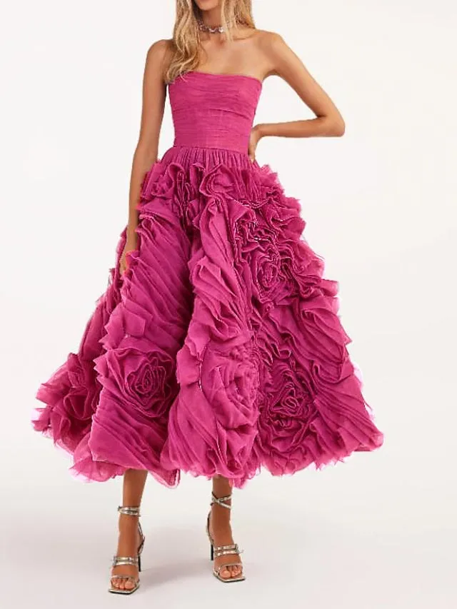 A-Line Prom Dresses Floral Dress Masquerade Ankle Length Sleeveless Strapless Tulle Backless with Floral 2023