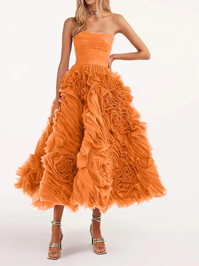 A-Line Prom Dresses Floral Dress Masquerade Ankle Length Sleeveless Strapless Tulle Backless with Floral 2023