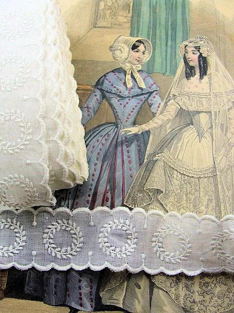 Antique French White On White Embroidered Trim Sweet Leaf Wreaths Scallop Edges Perfect For Dolls Christening Gowns Bonnets Bridal Weddings