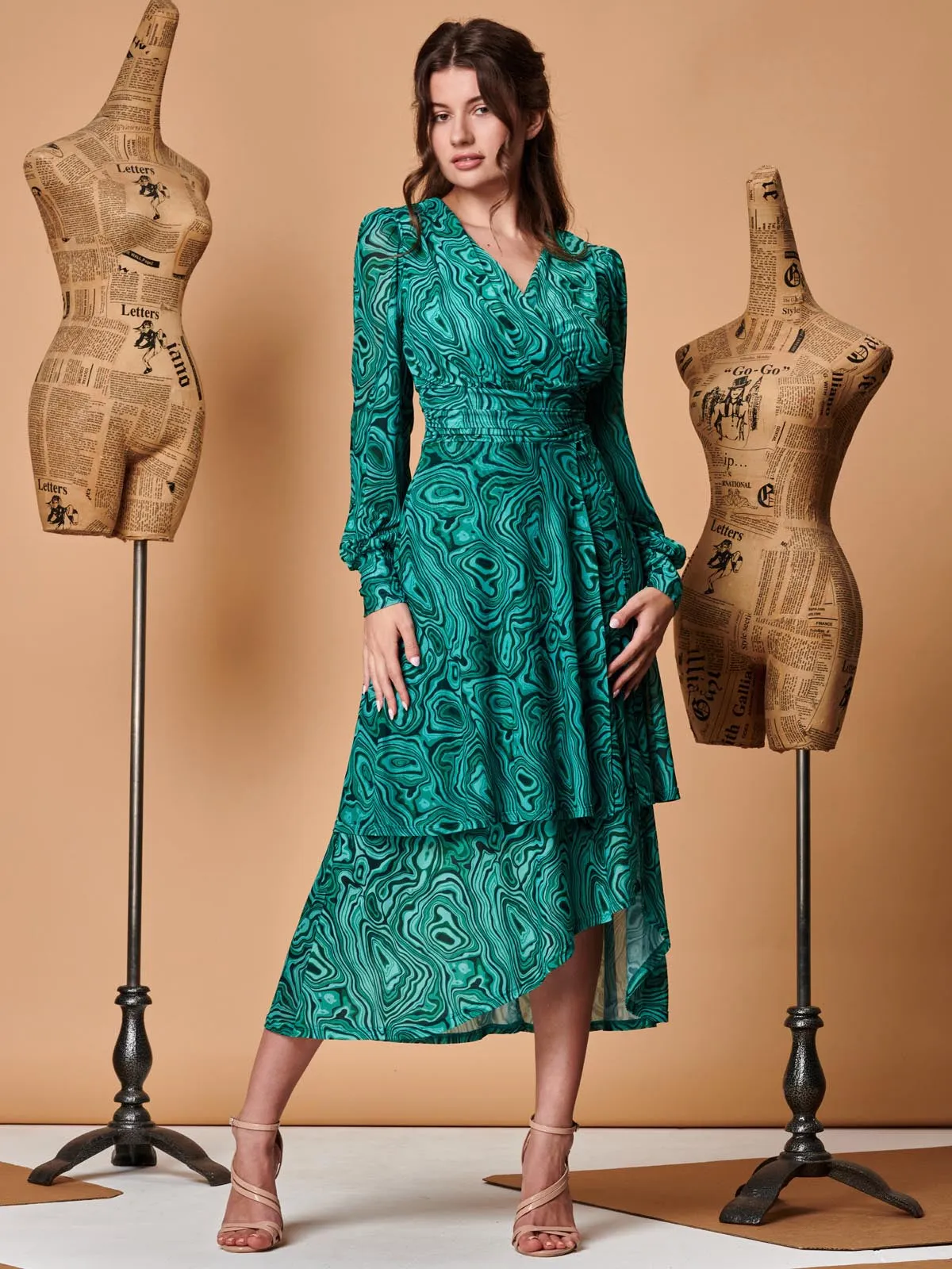 Asymmetrical Hem Mesh Midi Dress, Green Abstract