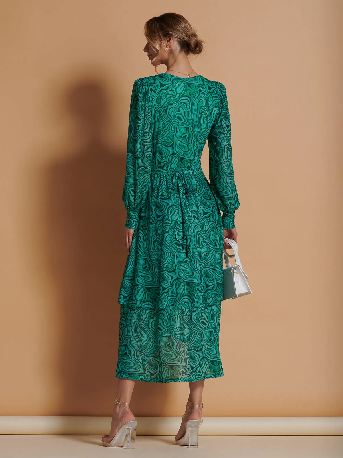 Asymmetrical Hem Mesh Midi Dress, Green Abstract