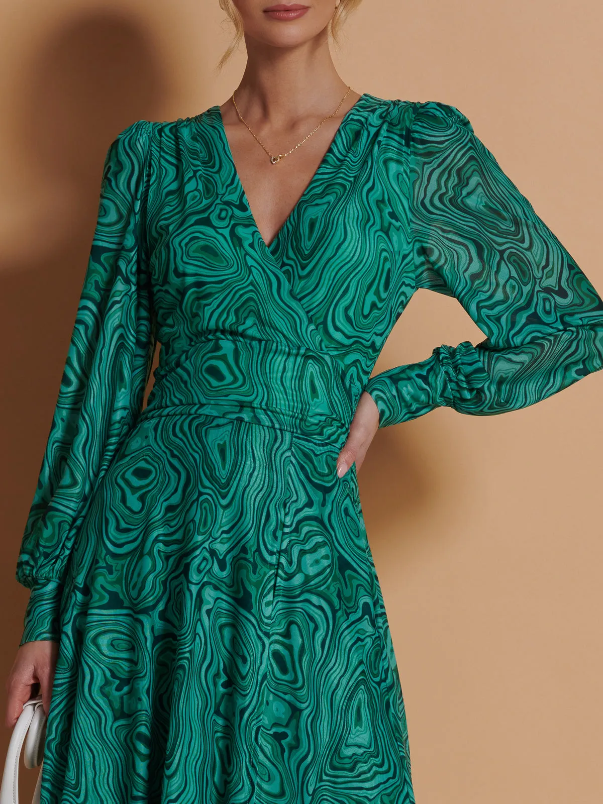 Asymmetrical Hem Mesh Midi Dress, Green Abstract