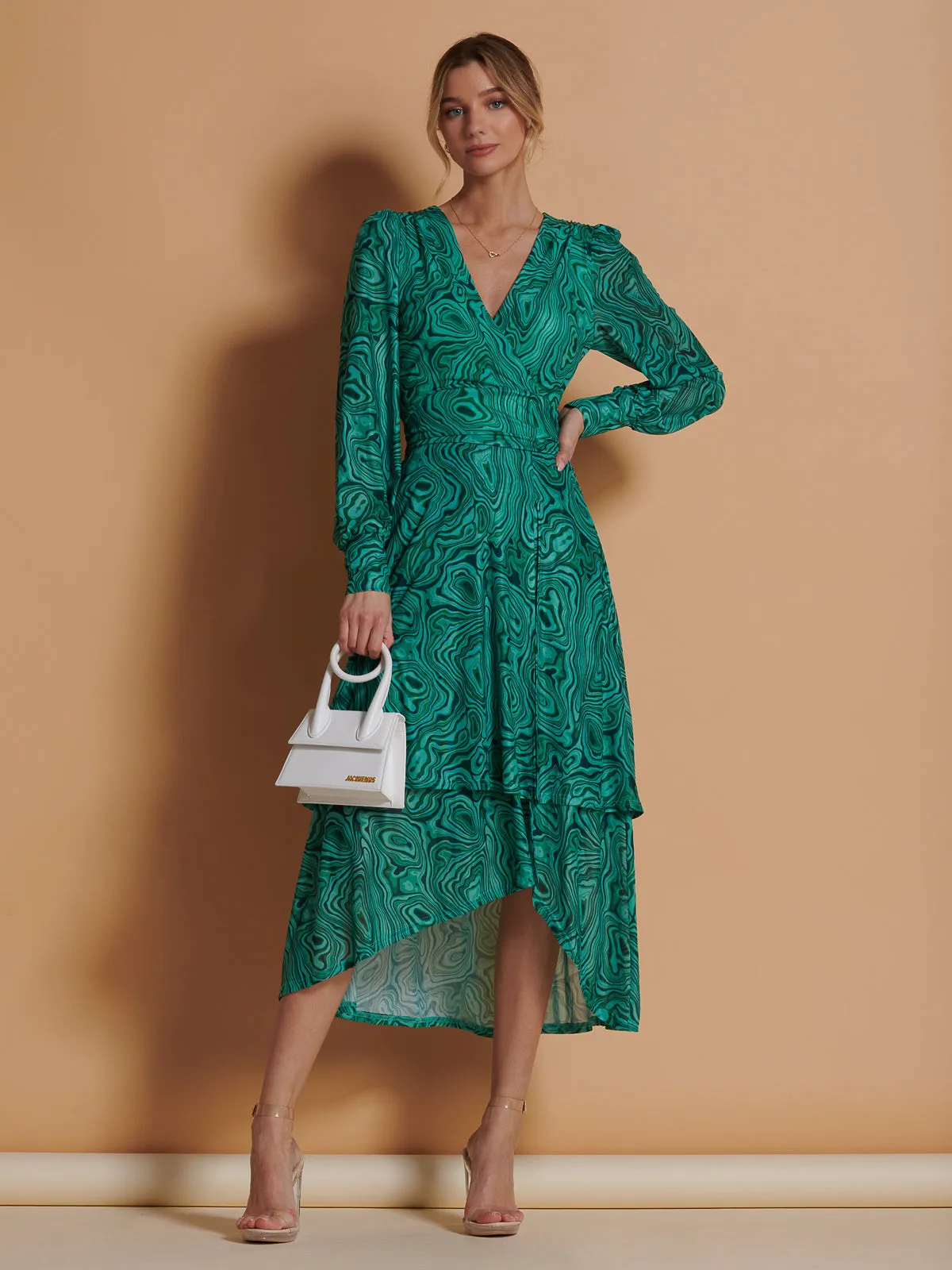 Asymmetrical Hem Mesh Midi Dress, Green Abstract