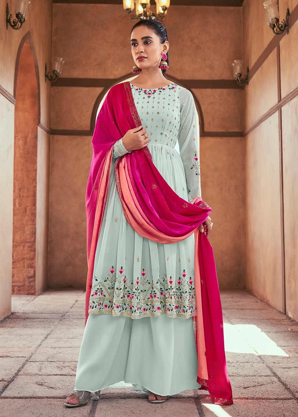 Attractive Georgette Sky Blue Embroidered Palazzo Salwar Suit