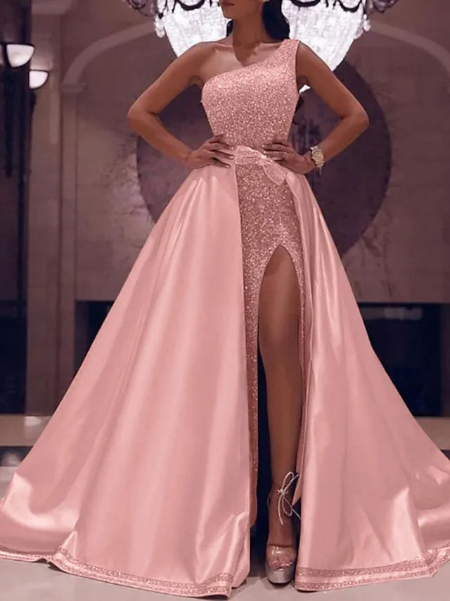 Ball Gown Prom Dresses Sparkly Sexy Dress Evening Party Floor Length Sleeveless One Shoulder Detachable Satin with Bow(s) Sequin Slit 2023