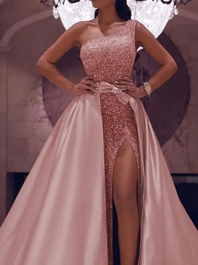Ball Gown Prom Dresses Sparkly Sexy Dress Evening Party Floor Length Sleeveless One Shoulder Detachable Satin with Bow(s) Sequin Slit 2023