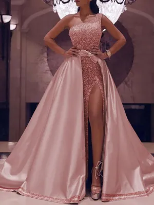 Ball Gown Prom Dresses Sparkly Sexy Dress Evening Party Floor Length Sleeveless One Shoulder Detachable Satin with Bow(s) Sequin Slit 2023