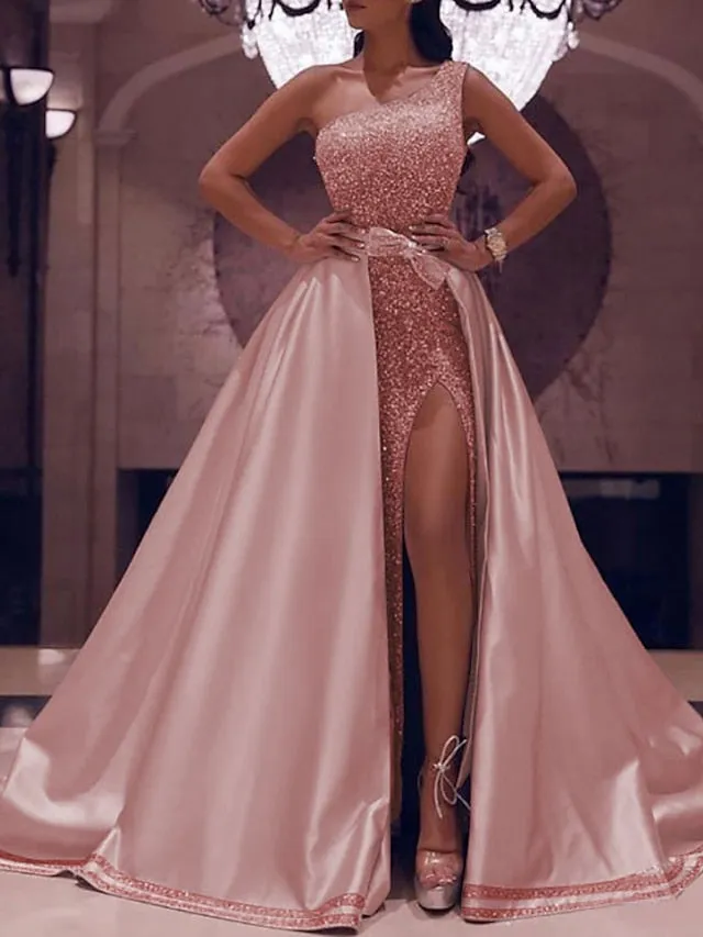 Ball Gown Prom Dresses Sparkly Sexy Dress Evening Party Floor Length Sleeveless One Shoulder Detachable Satin with Bow(s) Sequin Slit 2023