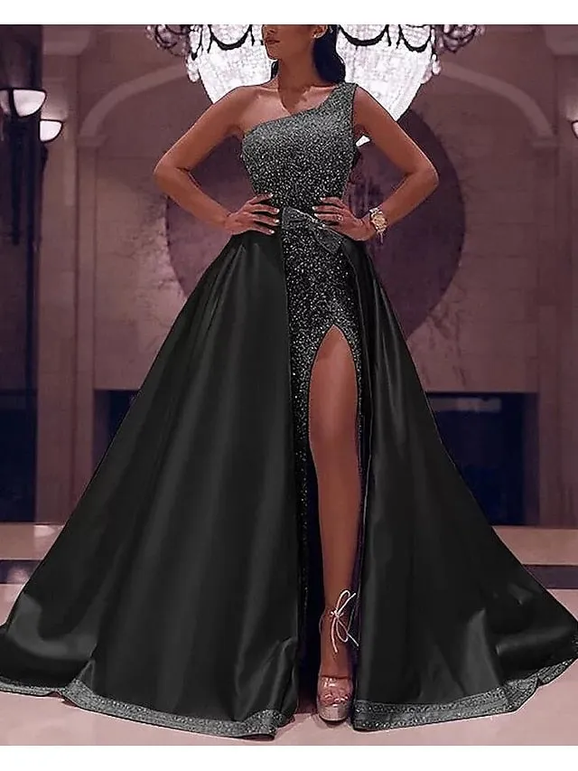 Ball Gown Prom Dresses Sparkly Sexy Dress Evening Party Floor Length Sleeveless One Shoulder Detachable Satin with Bow(s) Sequin Slit 2023