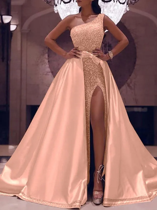 Ball Gown Prom Dresses Sparkly Sexy Dress Evening Party Floor Length Sleeveless One Shoulder Detachable Satin with Bow(s) Sequin Slit 2023