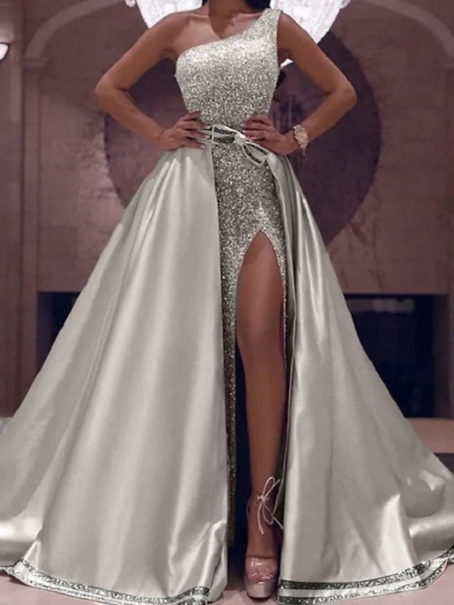 Ball Gown Prom Dresses Sparkly Sexy Dress Evening Party Floor Length Sleeveless One Shoulder Detachable Satin with Bow(s) Sequin Slit 2023