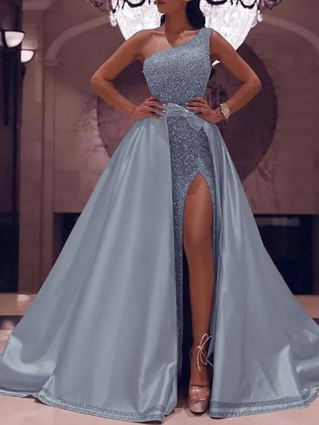 Ball Gown Prom Dresses Sparkly Sexy Dress Evening Party Floor Length Sleeveless One Shoulder Detachable Satin with Bow(s) Sequin Slit 2023