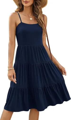 Berydress Womens Summer Dresses Spaghetti Strap Tiered Midi Dress Wedding Guest Ruffle Cotton Black Casual Beach Sun Dress