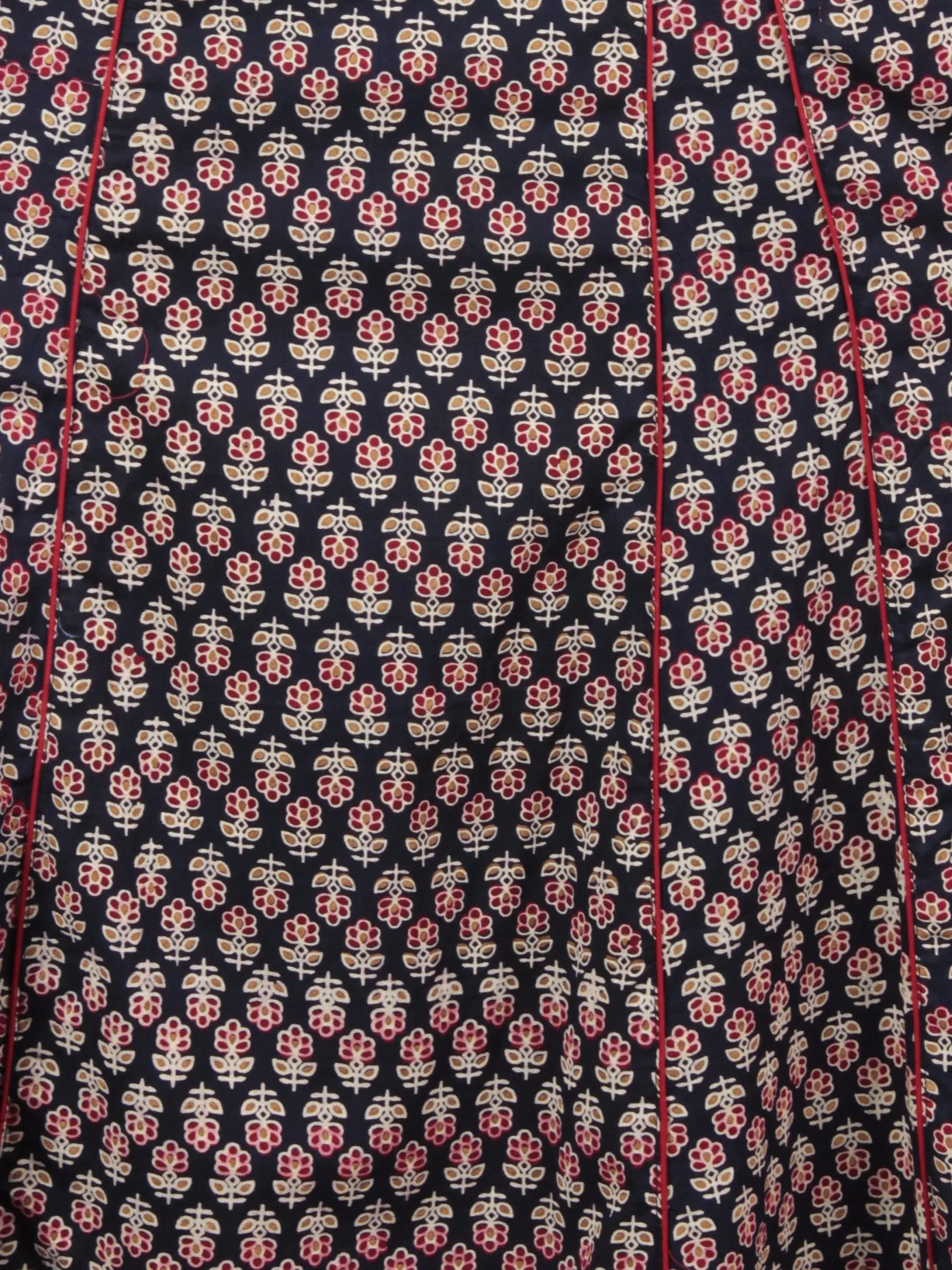 Black Red Ivory Hand Block Printed Princess Line Stand Collar Dress - D40F893