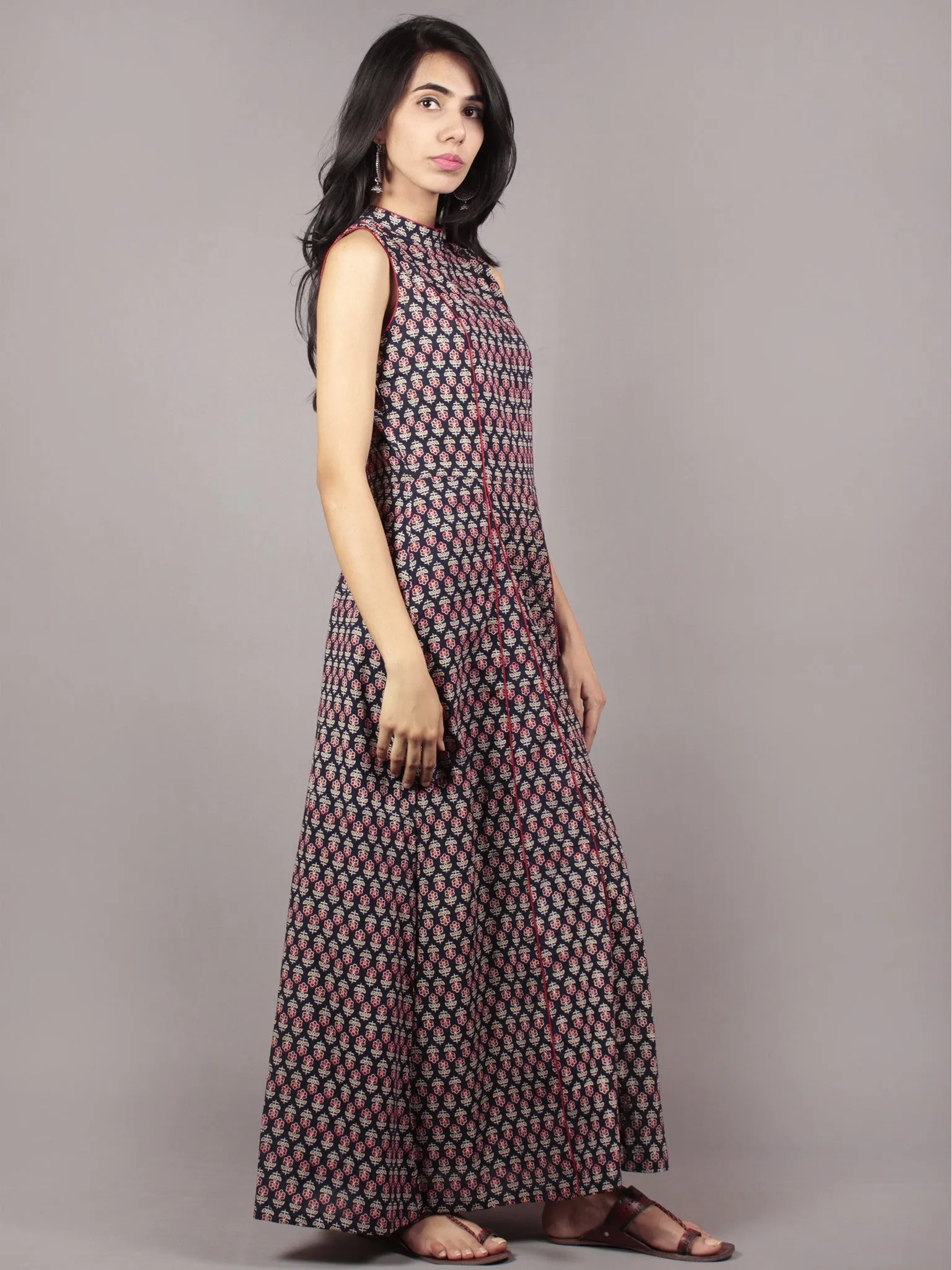 Black Red Ivory Hand Block Printed Princess Line Stand Collar Dress - D40F893