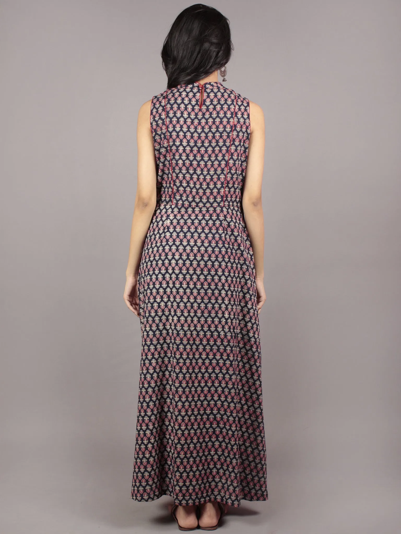 Black Red Ivory Hand Block Printed Princess Line Stand Collar Dress - D40F893