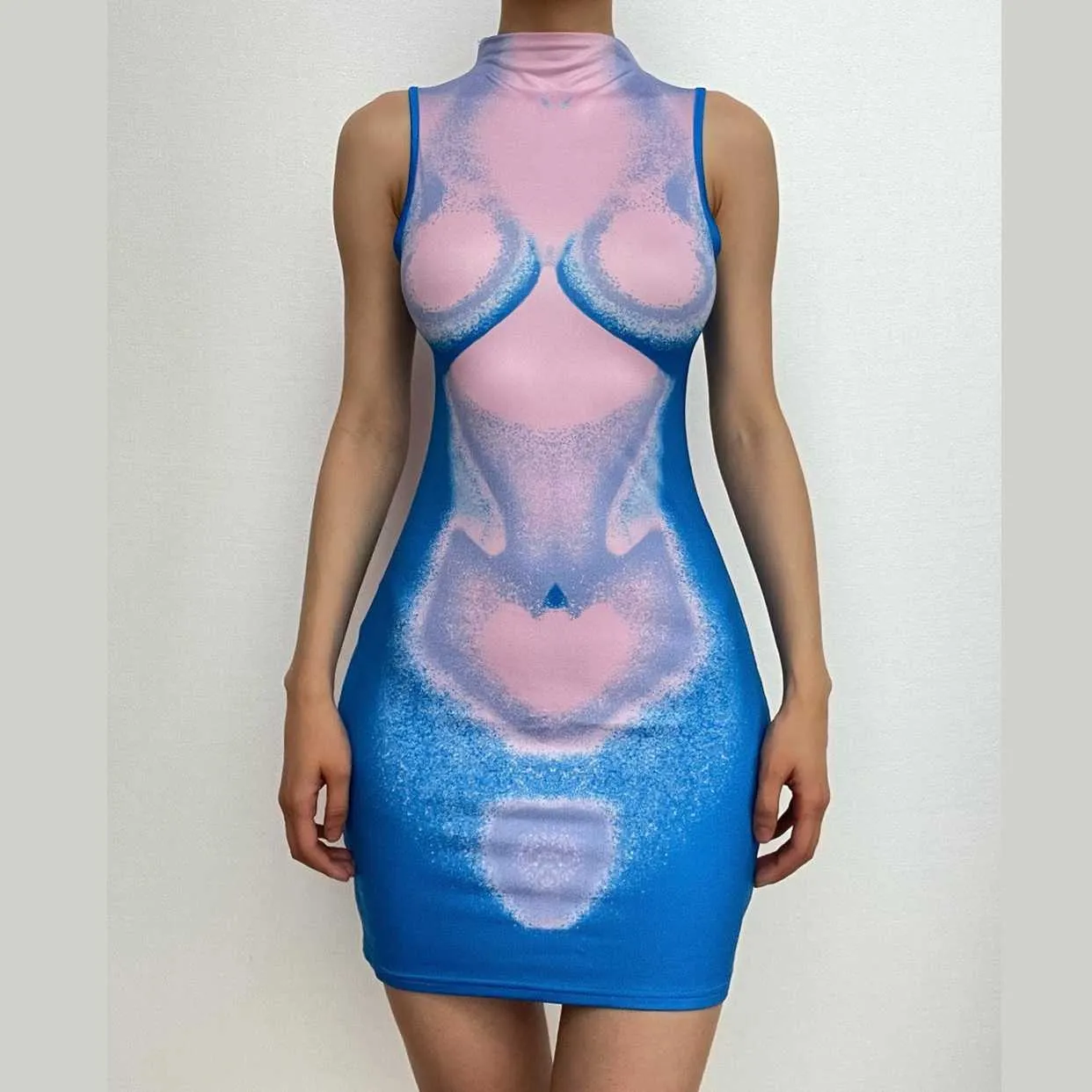 Body print contrast sleeveless high neck mini dress