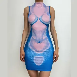 Body print contrast sleeveless high neck mini dress