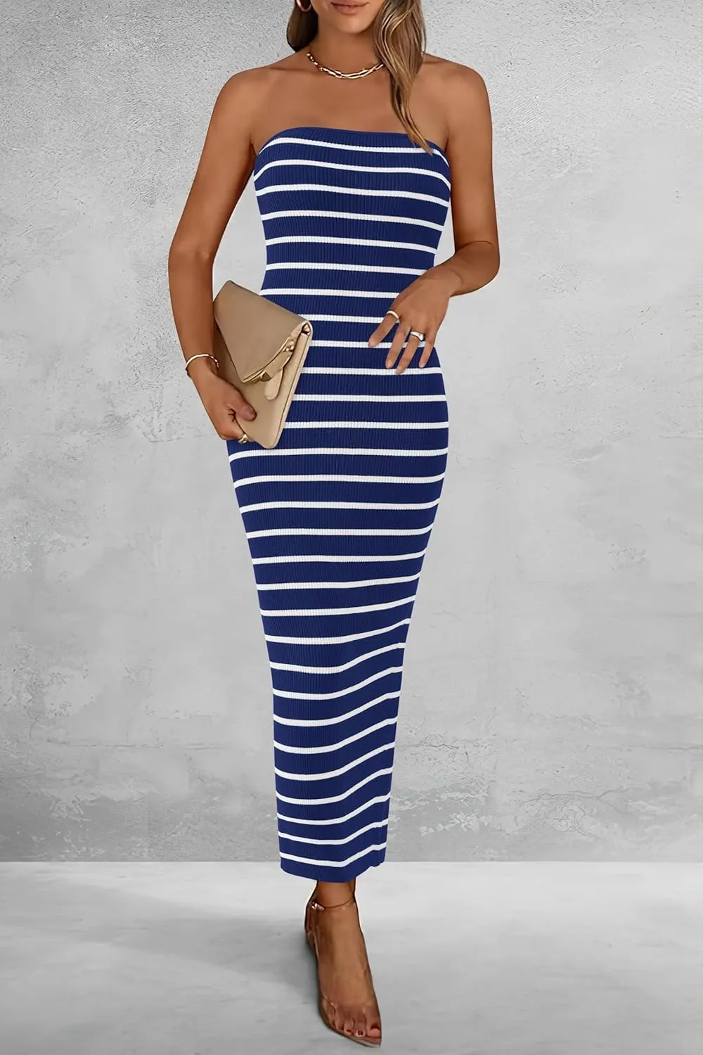 BTFBM Casual Women's Summer Dresses Bodycon Maxi Tube Striped Dress Ribbed Knit Strapless Back Slit Long Dress Party Dresses