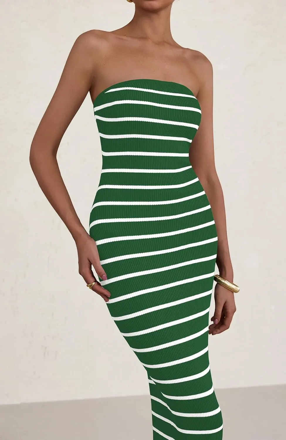 BTFBM Casual Women's Summer Dresses Bodycon Maxi Tube Striped Dress Ribbed Knit Strapless Back Slit Long Dress Party Dresses
