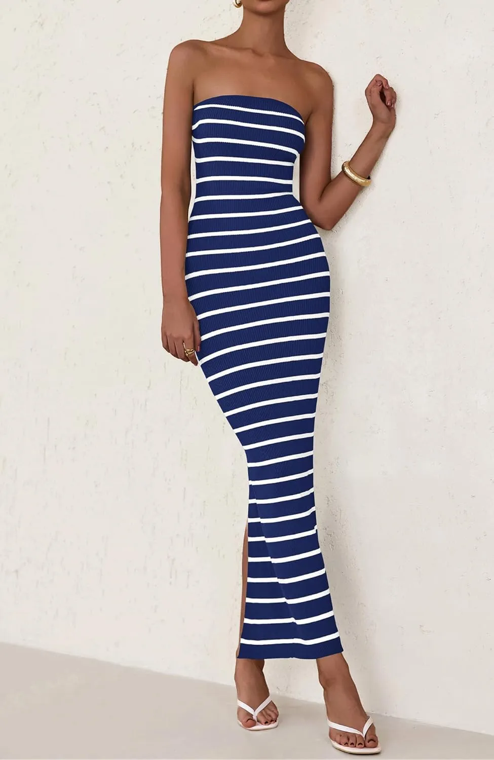 BTFBM Casual Women's Summer Dresses Bodycon Maxi Tube Striped Dress Ribbed Knit Strapless Back Slit Long Dress Party Dresses