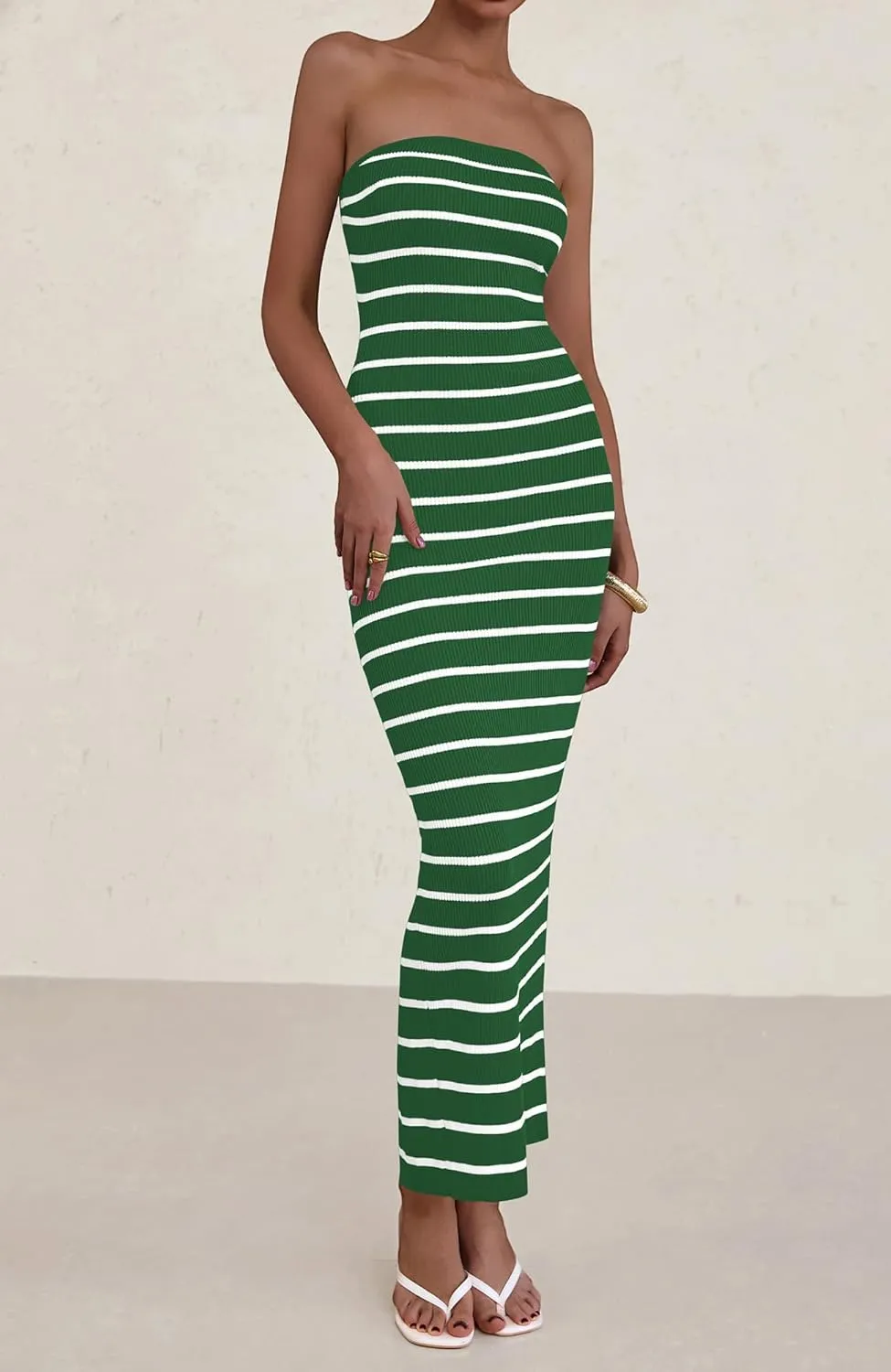 BTFBM Casual Women's Summer Dresses Bodycon Maxi Tube Striped Dress Ribbed Knit Strapless Back Slit Long Dress Party Dresses