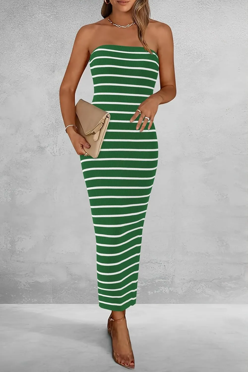 BTFBM Casual Women's Summer Dresses Bodycon Maxi Tube Striped Dress Ribbed Knit Strapless Back Slit Long Dress Party Dresses