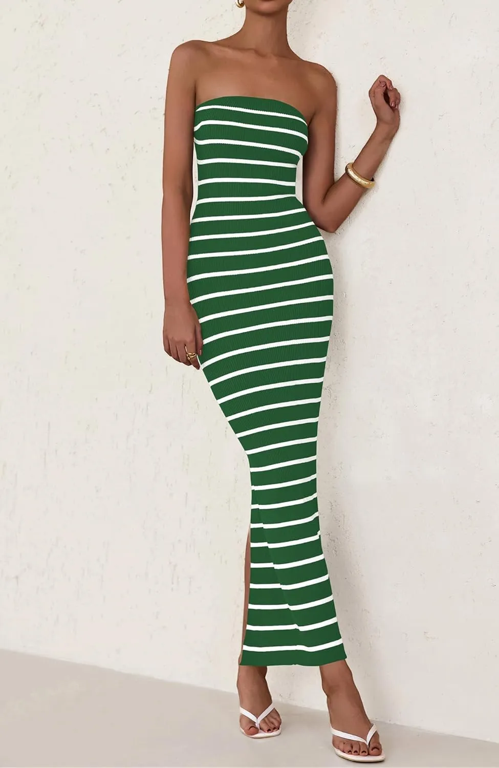 BTFBM Casual Women's Summer Dresses Bodycon Maxi Tube Striped Dress Ribbed Knit Strapless Back Slit Long Dress Party Dresses
