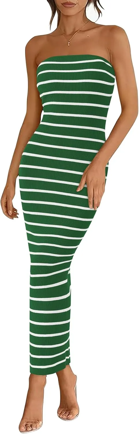 BTFBM Casual Women's Summer Dresses Bodycon Maxi Tube Striped Dress Ribbed Knit Strapless Back Slit Long Dress Party Dresses