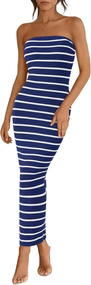 BTFBM Casual Women's Summer Dresses Bodycon Maxi Tube Striped Dress Ribbed Knit Strapless Back Slit Long Dress Party Dresses