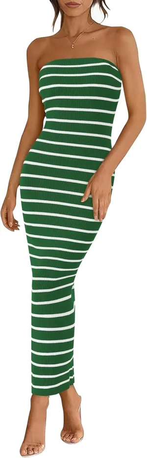 BTFBM Casual Women's Summer Dresses Bodycon Maxi Tube Striped Dress Ribbed Knit Strapless Back Slit Long Dress Party Dresses