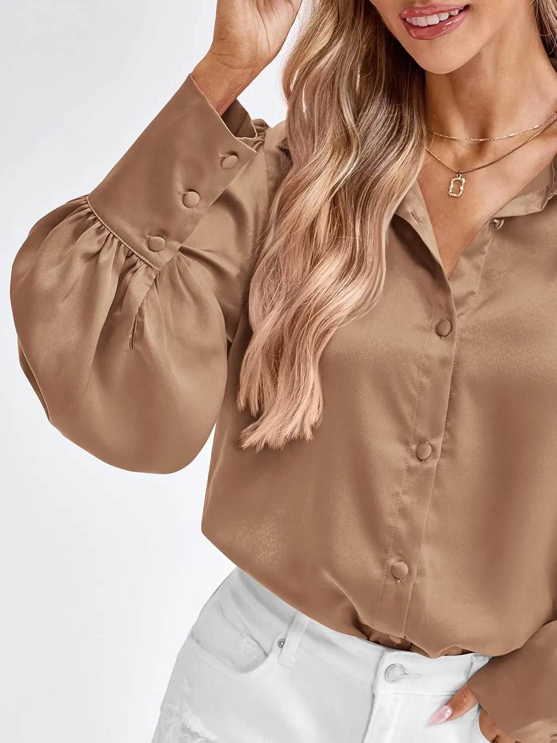 BTFBM Women Satin Button Down Shirts Summer Spring Lantern Long Sleeve Lapel V Neck Blouse Loose Casual Office Work Tops