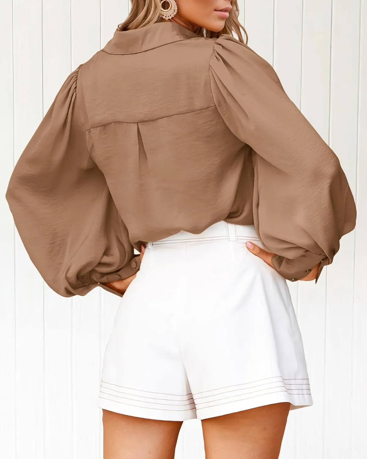BTFBM Women Satin Button Down Shirts Summer Spring Lantern Long Sleeve Lapel V Neck Blouse Loose Casual Office Work Tops