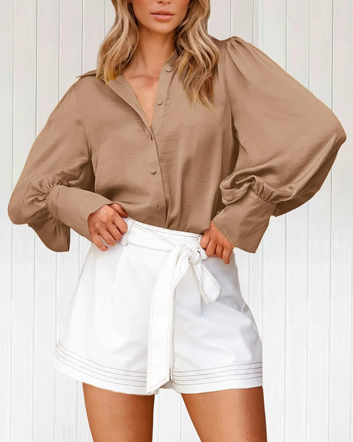 BTFBM Women Satin Button Down Shirts Summer Spring Lantern Long Sleeve Lapel V Neck Blouse Loose Casual Office Work Tops