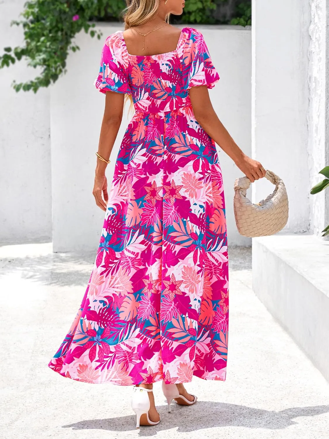 BTFBM Womens Summer 2025 Casual Maxi Dresses Short Sleeve Smocked Tiered Floral Boho Long Beach Dress with Pockets