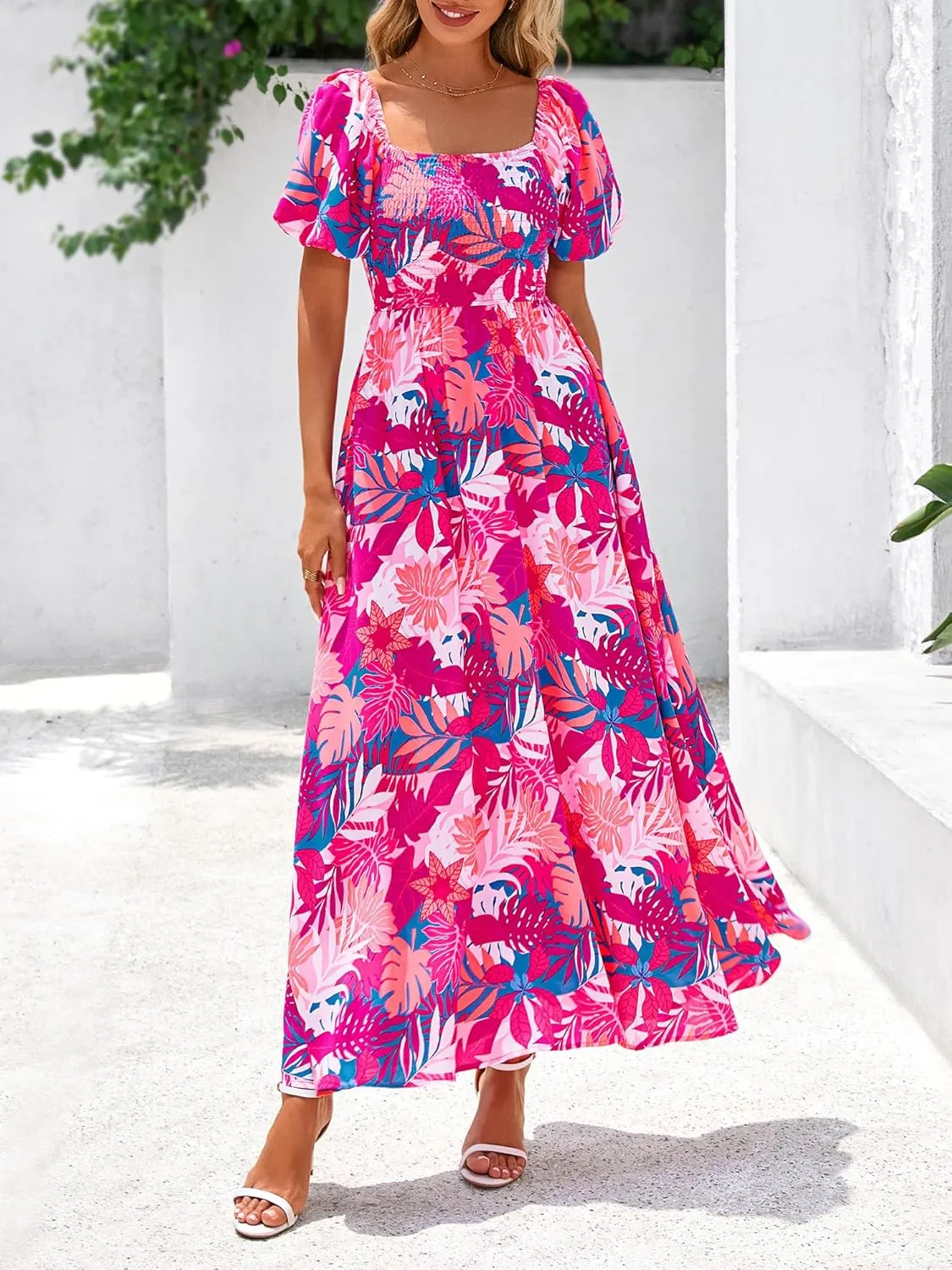 BTFBM Womens Summer 2025 Casual Maxi Dresses Short Sleeve Smocked Tiered Floral Boho Long Beach Dress with Pockets