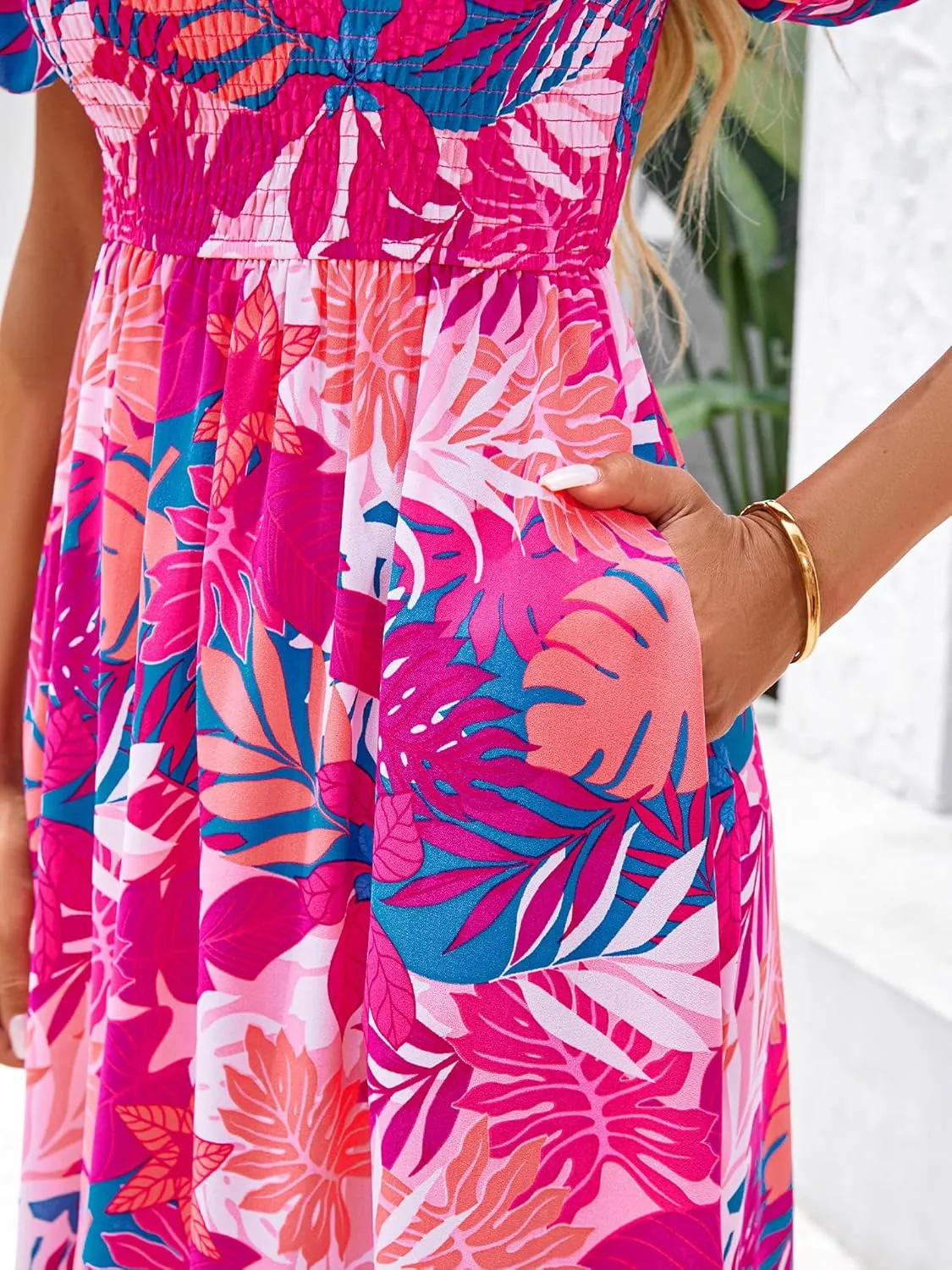 BTFBM Womens Summer 2025 Casual Maxi Dresses Short Sleeve Smocked Tiered Floral Boho Long Beach Dress with Pockets