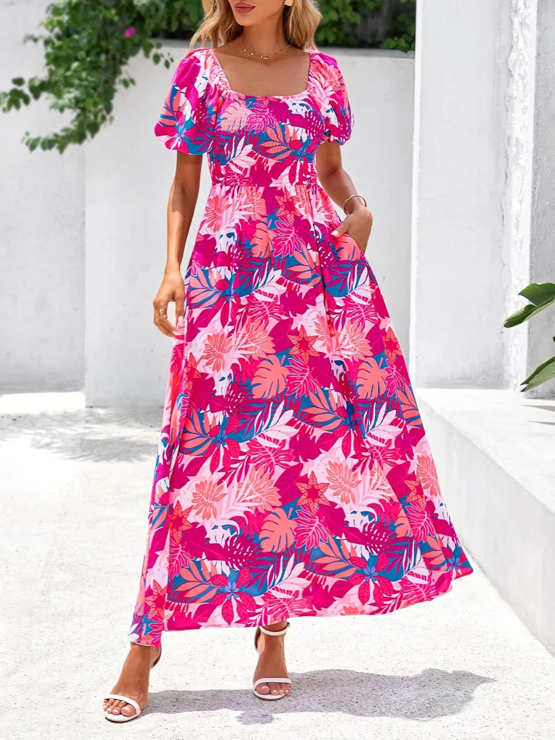BTFBM Womens Summer 2025 Casual Maxi Dresses Short Sleeve Smocked Tiered Floral Boho Long Beach Dress with Pockets