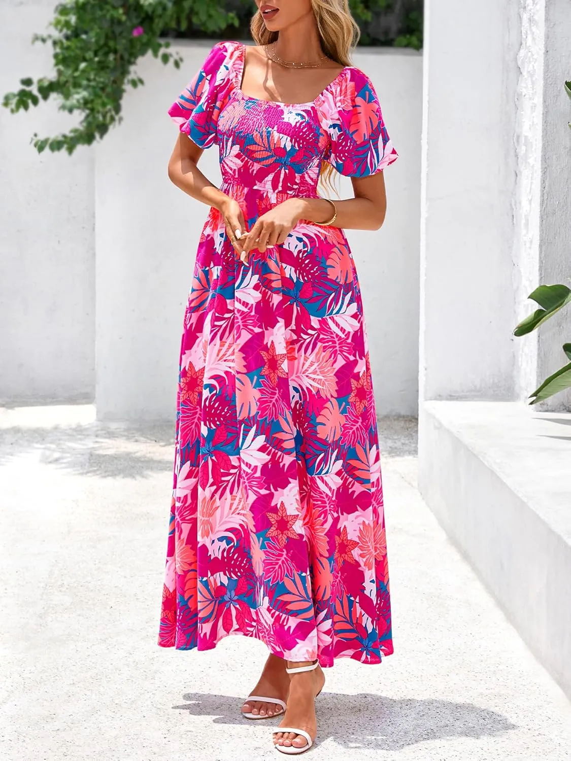 BTFBM Womens Summer 2025 Casual Maxi Dresses Short Sleeve Smocked Tiered Floral Boho Long Beach Dress with Pockets