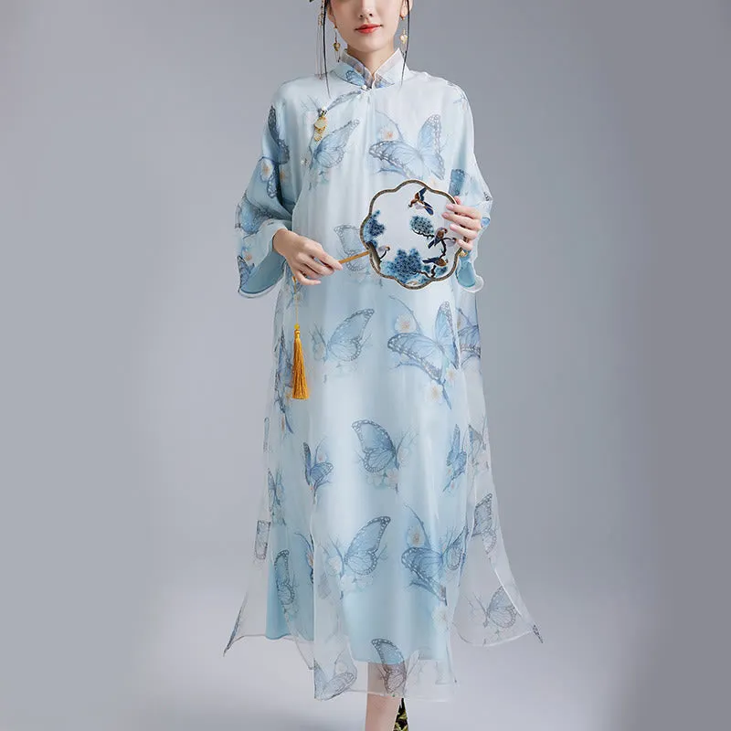 Buddha Stones 100% Mulberry Silk Organza Blue Butterfly Print Qipao Cheongsam Dress